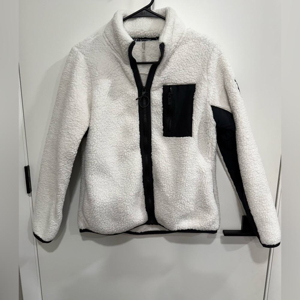 Calvin Klein Performance Teddy Jacket White & Black Zip Up Size Small